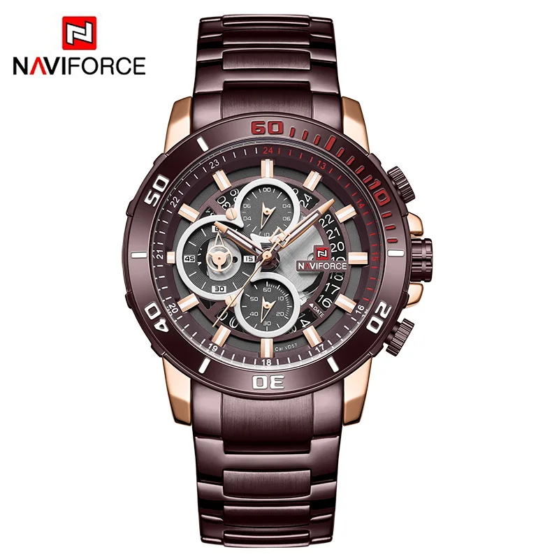 NAVIFORCE Men’s Watches Waterproof Steel Quartz Watch Men Military Chronograph Sport Wrist Watch Male Clock Relogio Masculino - Цвет: Coffee