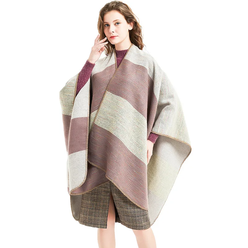 

2019 Autumn And Winter New Style Triangle Needle Large Piping Stripes Slit Shawl Segment Dyed Faux Cashmere WOMEN'S Cloak Large