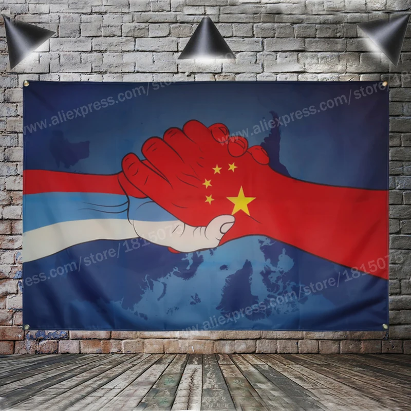 Friendship Flag Banner Polyester 96cm* 144cm Hang On The Wall 4 Grommets Custom Indoor China Russia Shake Hands | Дом и сад