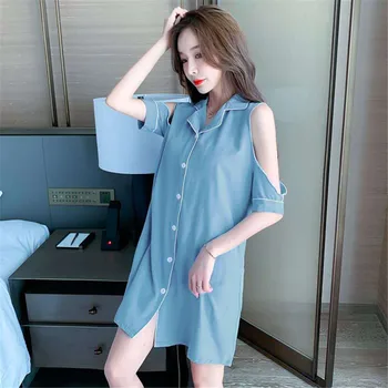 

2020 Autumn Silk Womens Sleepwear Sexy Sleepshirt Long Print Ladies Nightgown Shirt Skirt Girl Outwear Nightdress