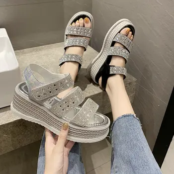 

Bling Bling 2020 New Brand Design Women Sandals High Wedge Med Platform Crystal Summer Leisure Woman Shoes