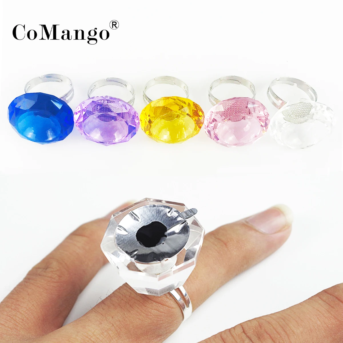 CoMango 속눈썹 조정 가능한 접착제 반지 크리스탈 손가락 반지 접착제 속눈썹 확장 팔레트 홀더 메이크업 도구