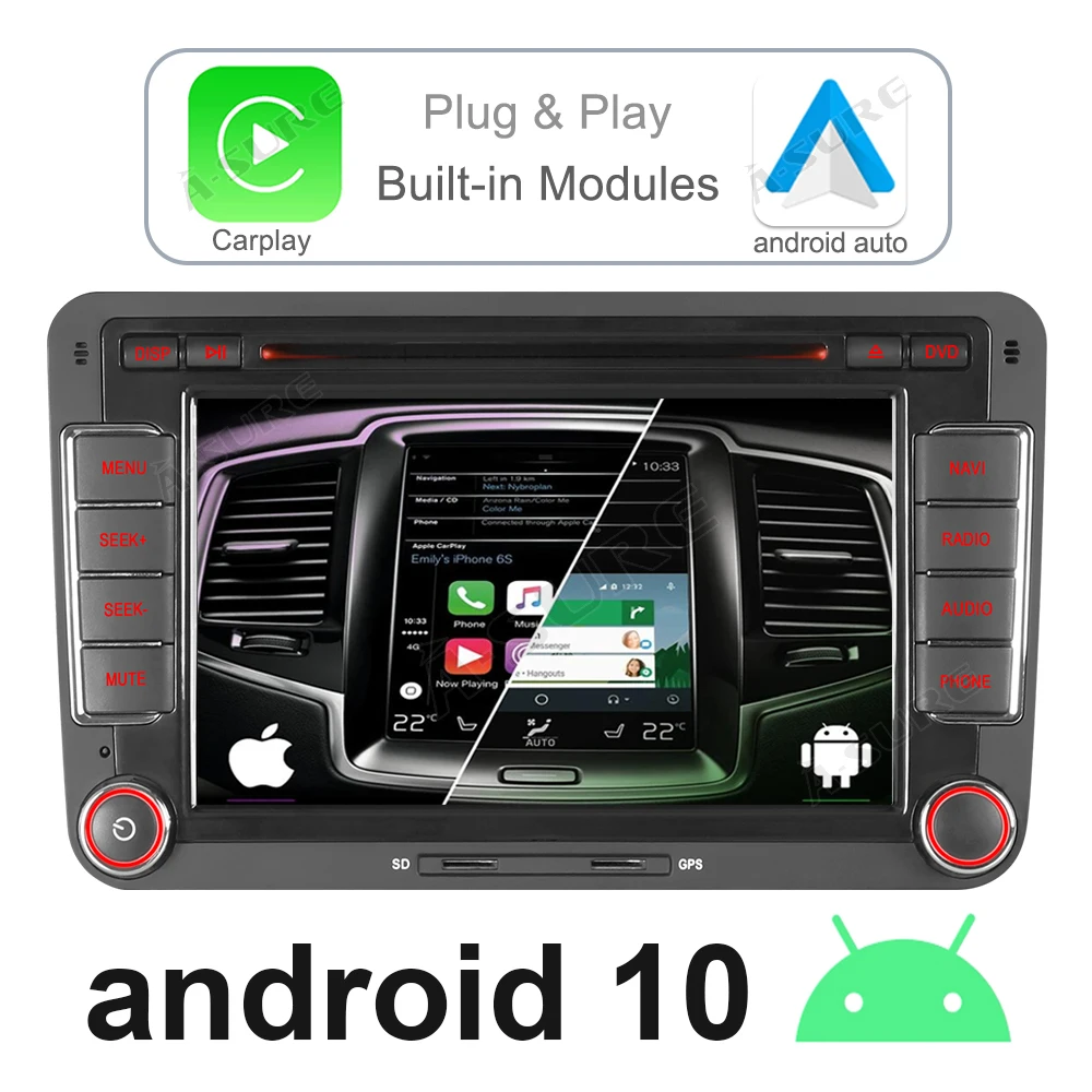 A-Sure Car Radio Dual Tuner CarPlay Android 10 WIFI 4G GPS DVD Navigation For VW PASSAT B6 Polo Sharan TIGUAN GOLF 5 Skoda Seat