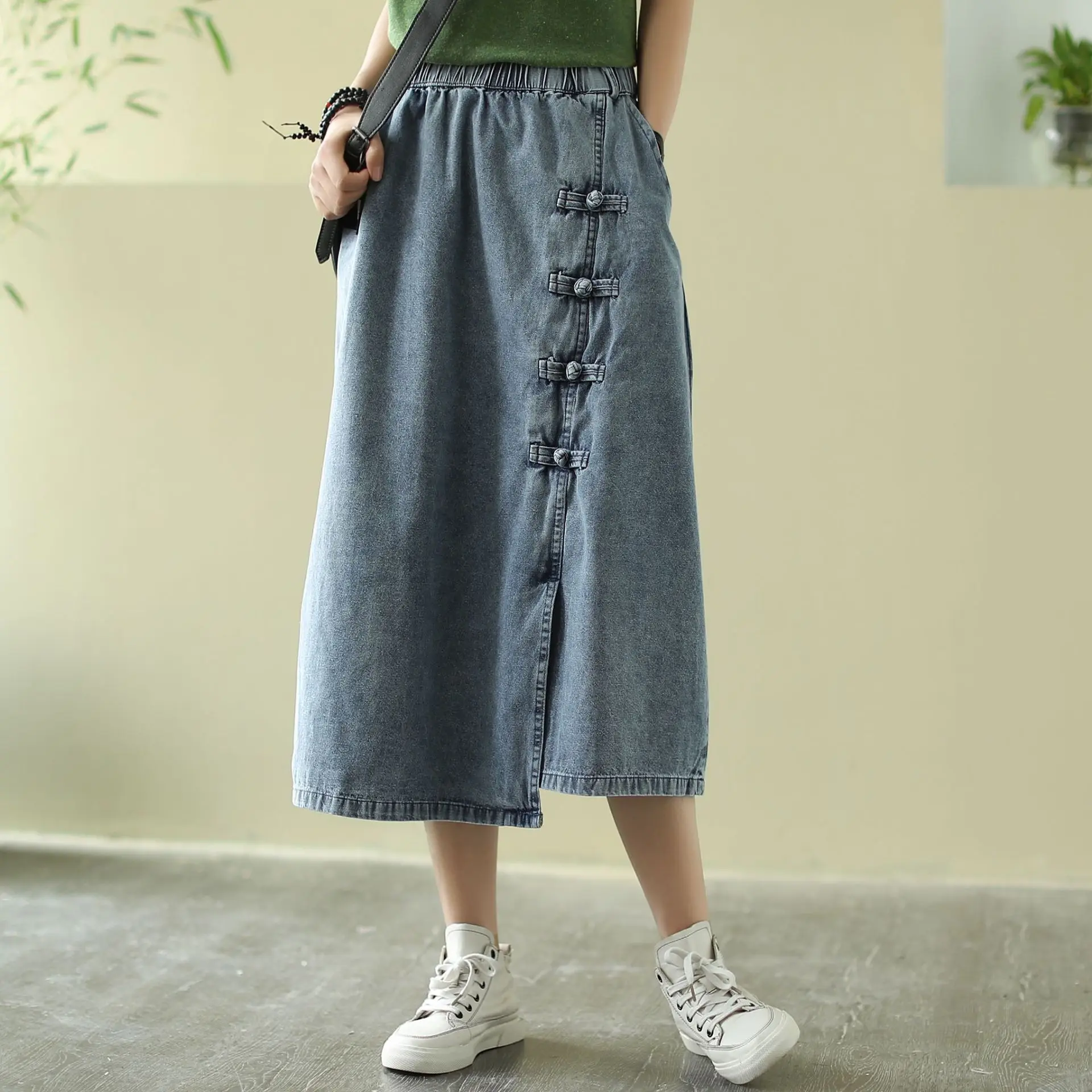 

Vintage Denim Skirts Womens 2020 New Retro Style Summer Elastic High Waist Solid Button Irregular Hem A Line Midi Skirt