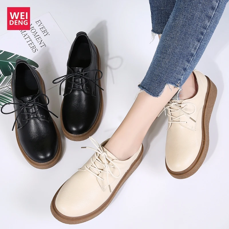 

WeiDeng Women Leather Casual Shoes Retro British Style Leisure Female Loafers Lace Up Comfortable Soft Light Fashion Height 4 Cm