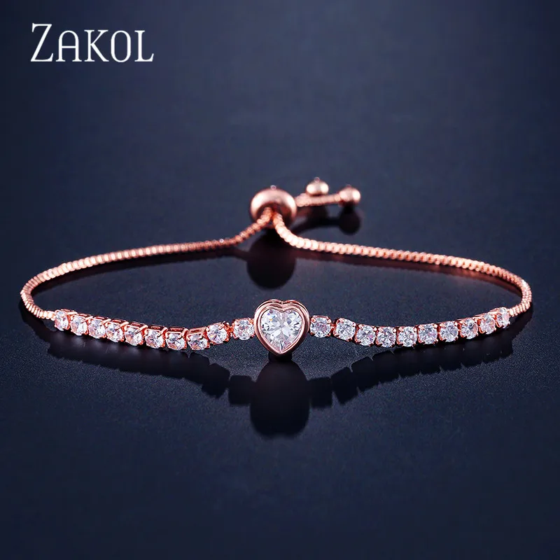 ZAKOL модный браслет с кубическим цирконием для тенниса, регулируемый браслет для женщин, белый круглый кристалл, свадебные ювелирные изделия FSBP144 - Окраска металла: Rose Gold Hear