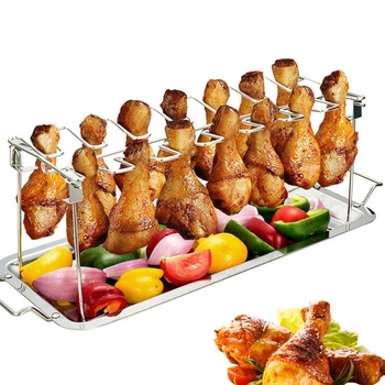 

Multi-Purpos Stainless Steel Chicken Wing Leg Rack Grill Holder with Drip Pan for BBQ Rib Non Stick For BBQ