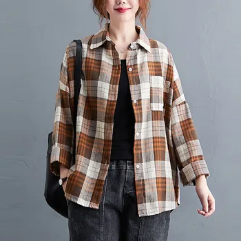 

Oversized Women Cotton Linen Casual Shirts New 2020 Autumn Vintage Style Plaid Pattern Loose Female Long Sleeve Tops S2486