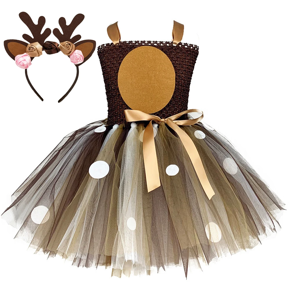 Christmas Deer Kid Tutu Dress Toddler Baby Brown Santa Reindeer Costume for Girls Children Halloween Purim Up Clothes Gift | Детская