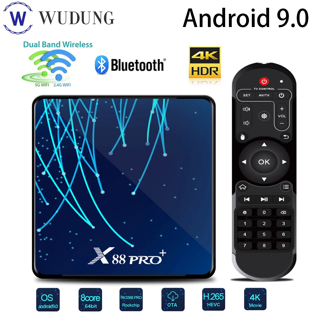 

X88 Pro + Android 9.0 Smart TV Box Rockchip RK3368 4K 4GB 32G/64G/128GB Media Player 2.4/5G Wifi DUAL GOOGLE YOUTUBE Set-Top Box