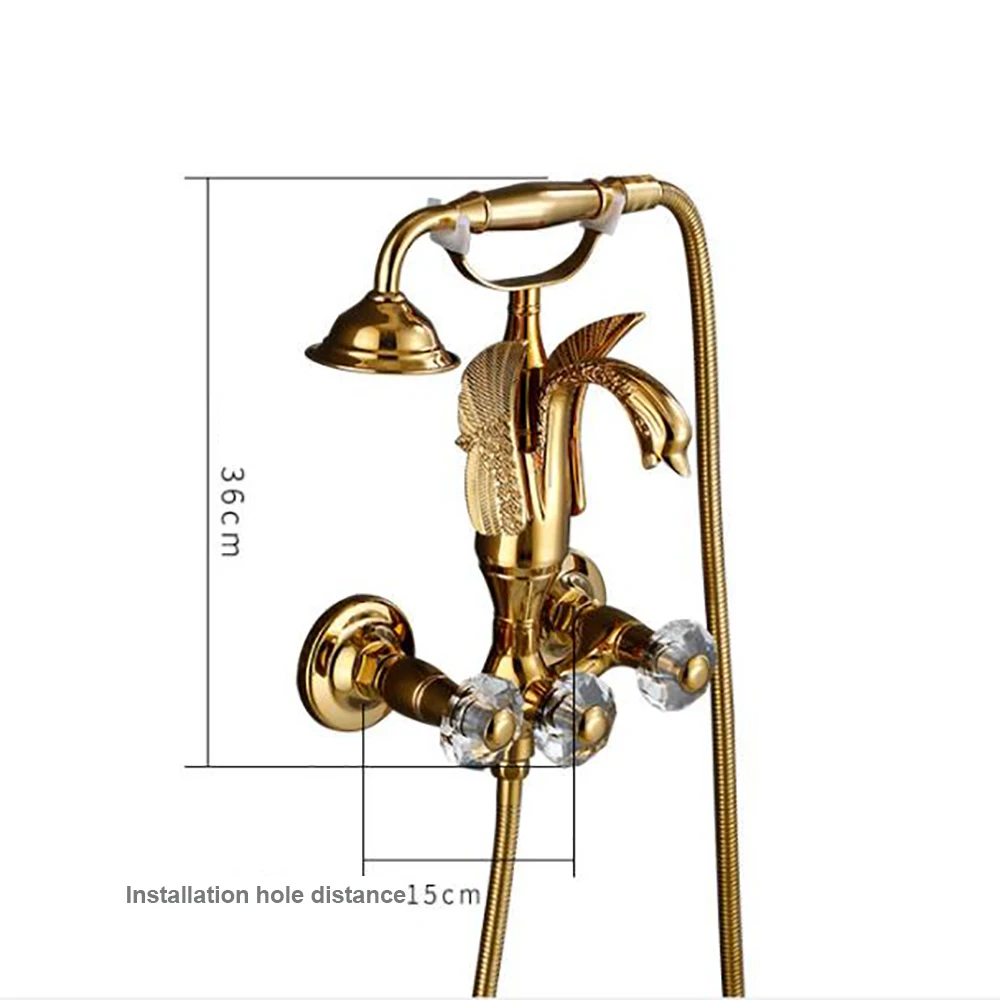 Luxury Gold Swan Bathtub Faucet Crystal Handle  Bath Sets with Hand Shower Hot Cold Mixer Tap For Bathroom Wall Mounted 5