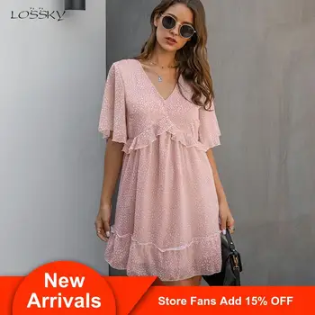 

Summer Dress Pink Floral Print Ruffle A-line Mini Sundresses Women Casual Green Loose Fit Clothing 2020 Flowy Dresses For Women