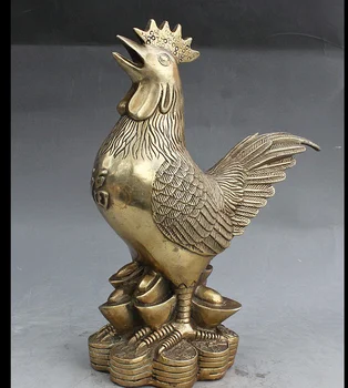 

zhmui8800284003++10" Folk China FengShui Brass Carved Wealth Coin YuanBao Fu Rooster Cock Statue
