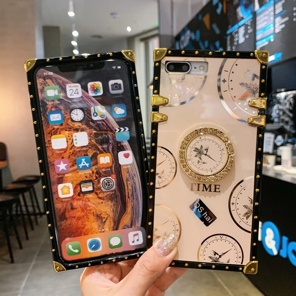 

Luxury Square Phone Case for Realme C2 C3 5 5i 6 C11 Coque Bling Ring Holder Cover for Oppo A52 A72 A92 A83 A9 F7 A5S A7 Fundas