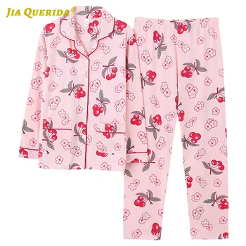 

Pj Set Turn Down Collar Homesuit Homeclothes Sleepwear Fashion Casual Style Spring Autumn Printing Pajamas Set Woman Clothes