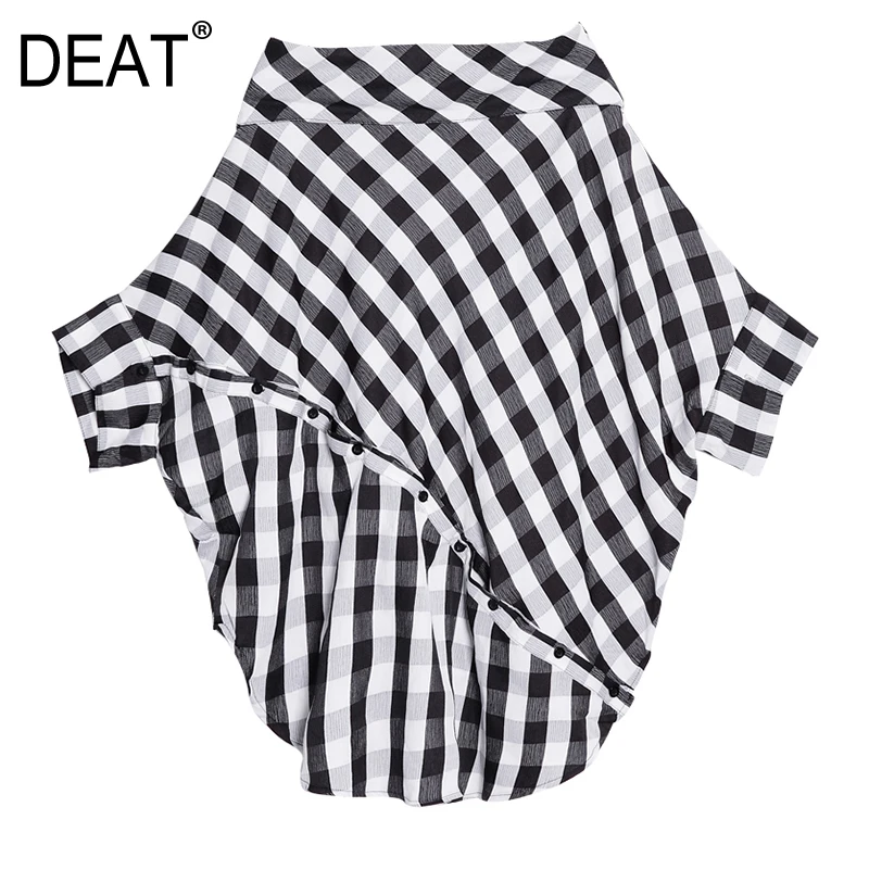 

DEAT 2019 New Spring Summer Slash Neck Three-quarter Sleeve Black Plaid Split Joint Big Size T-Shirt Women Fashion Tide JG280