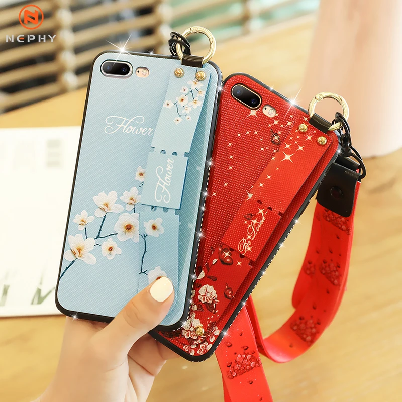 

Soft Silicone Phone Holder Case For iPhone XR X Xs Max 6 s 6s 7 8 Plus 7Plus 8Plus Luxury Diamond Wrist Strap Lanyard Back Cover