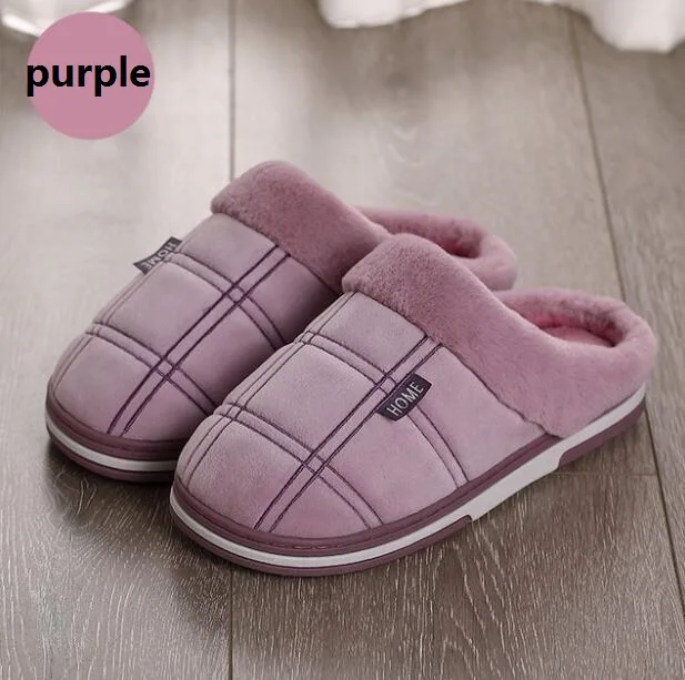 Women Purple Мужские зимние меховые тапочки; нескользящие домашние плюшевые тапочки на плоской подошве; сезон осень; мягкие домашние вьетнамки из флока; водонепроницаемые мужские теплые меховые ботинки для взрослых - Цвет: Women Purple