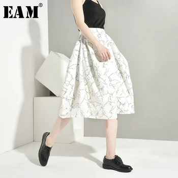

[EAM] High Elastic Waist Pattern Print Fold Wide Leg Trousers New Loose Fit Pants Women Fashion Tide Spring Autumn 2020 1A115