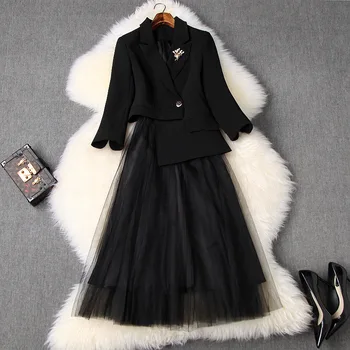 

New 2020 spring women asymmetric blazer suit irregular outerwear + black long mesh skirt elegant black white two piece set