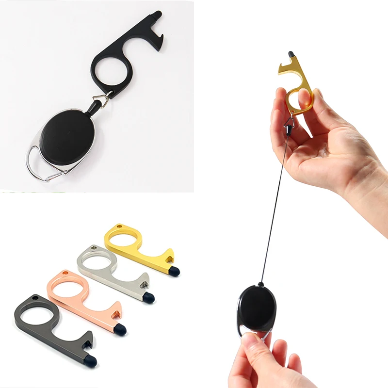 

With telescopic rope No Touch Door Opener Multifunction Clean Key Chain Portable Shining No Touch Key Bottle Opener phone holder