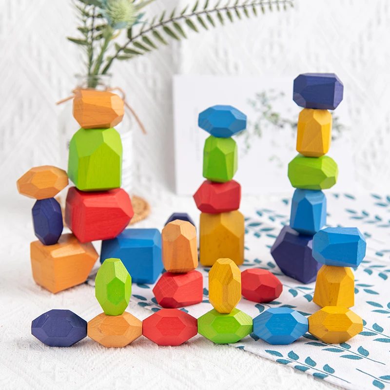 

Children's Wooden Colored Stone Jenga Building Block Educational Toy Creative Nordic Style Stacking Game Rainbow Wooden Toy Gift