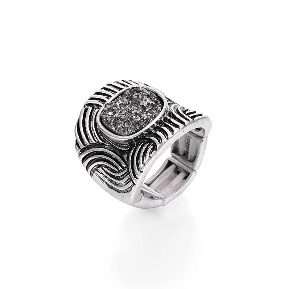 

Big Vintage Boho Tibetan Silver Ring for Women Black Crystal Moonstone Natural Adjustable Rings Fashion Jewelry 2019
