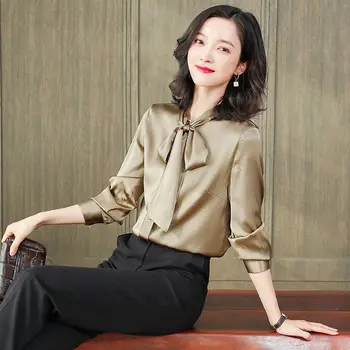 

WOMENGAGA 2020 Summer New Single-breasted Solid Shirt Bow Long-sleeve Fashion Patchwork Girl Female Silk Streetwear Button A312
