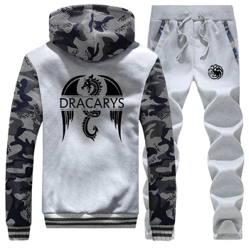 

men Game Of Thrones print Winter Casual Warm sports Suit warm tracksuit comfort sweatpant Thick Fleece Jacket + Pants 2Piece Set