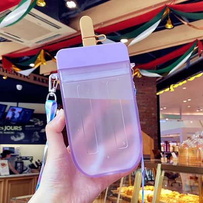 Cute Popsicle Straw Cup with Strap - 300ml Portable Plastic Water Bottle