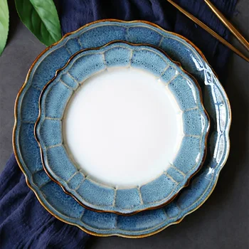 

Creative Ceramics Plate Make Old Lotus Mouth Edge Design Wide Blue Edge European Style Party Large Simple Tableware