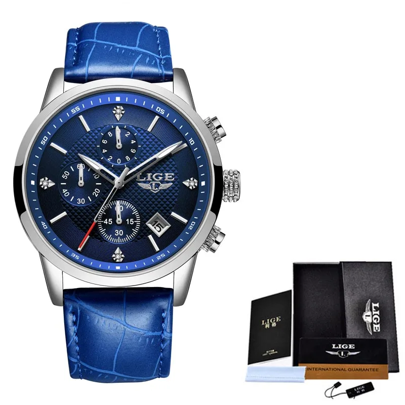 LIGE мужские часы Топ люксовый бренд спортивные кварцевые часы мужские водонепроницаемые наручные часы с хронографом мужские часы из нержавеющей стали часы с датой - Цвет: L Silver Blue