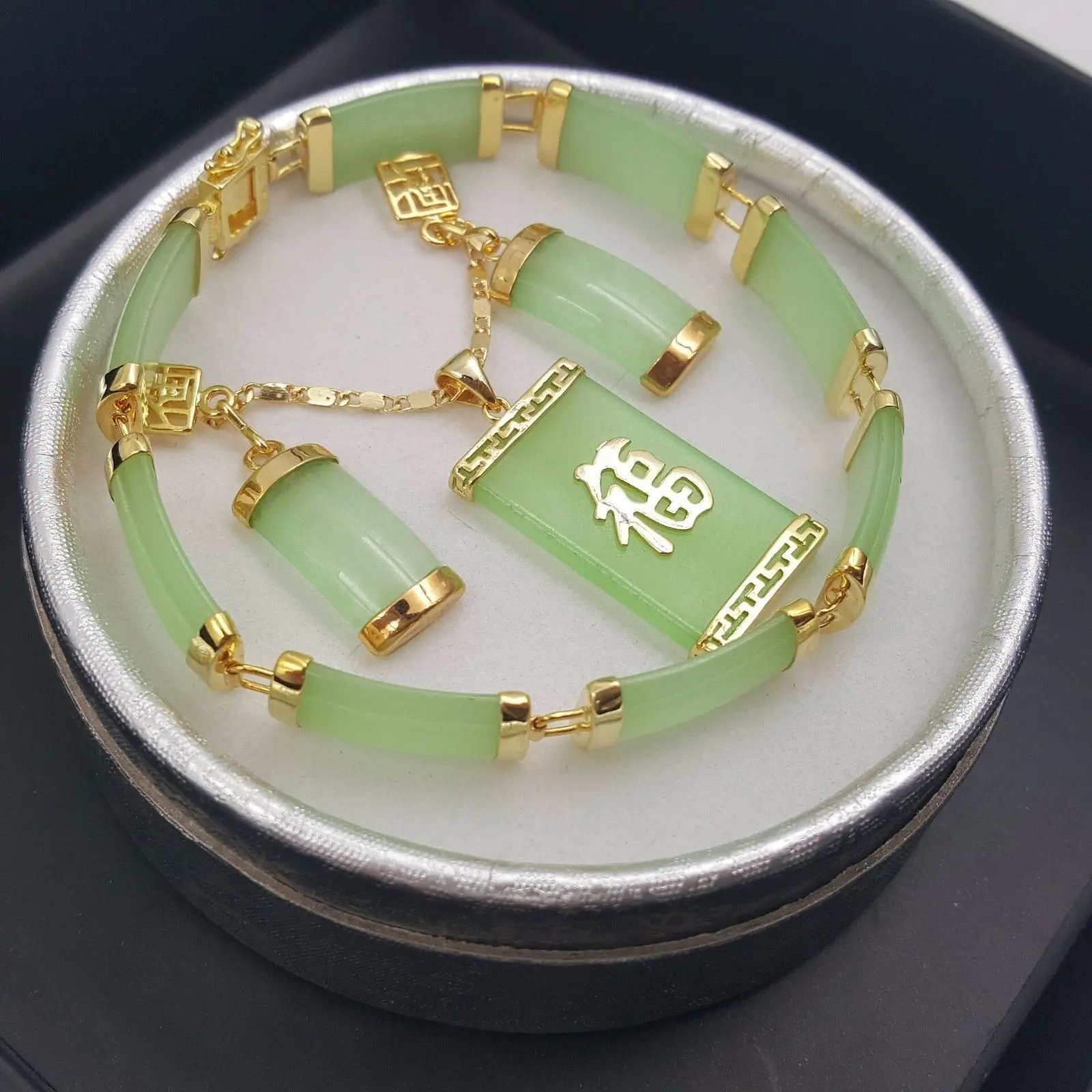Natural Green Jade 18KGP Fortune Pendant Necklace Drop Earring Bracelet set | Украшения и аксессуары