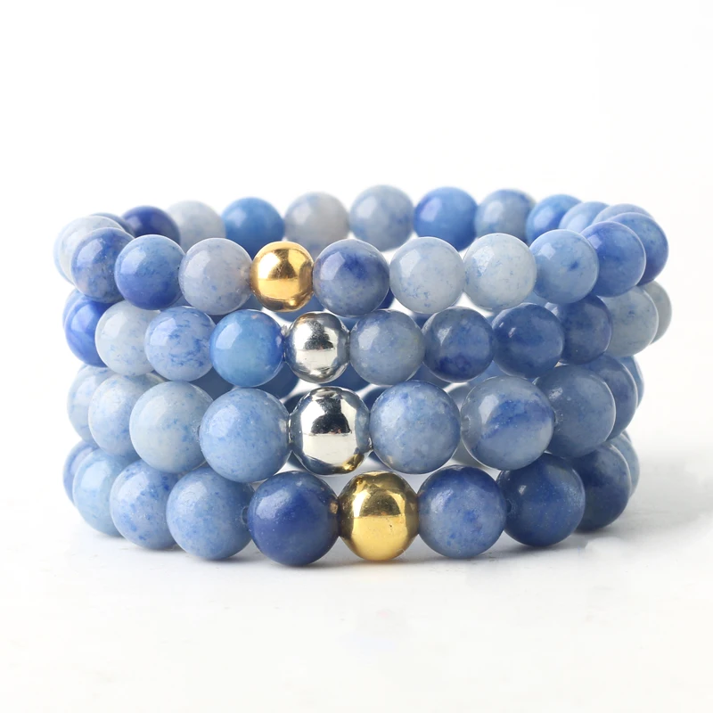 

Hot 2pcs/Set Aventurine Blue Natural Stone Beaded Bracelets Couples Bracelet Energy Elastic Rope Gold / silver color beads