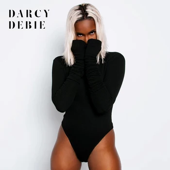 

Women Ribbed Knitted Turtleneck Bodysuit Long Sleeve Black Bodycon Rompers Skinny Jumpsuit Casual 2020 Spring Streetwear