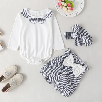 

New Bebe Infant Autumn Winter Bebe Clothes Set Newborn Baby Girl Striped Long Sleeve Tops+ Shorts + Bow Headband 3pcs Outfit Set