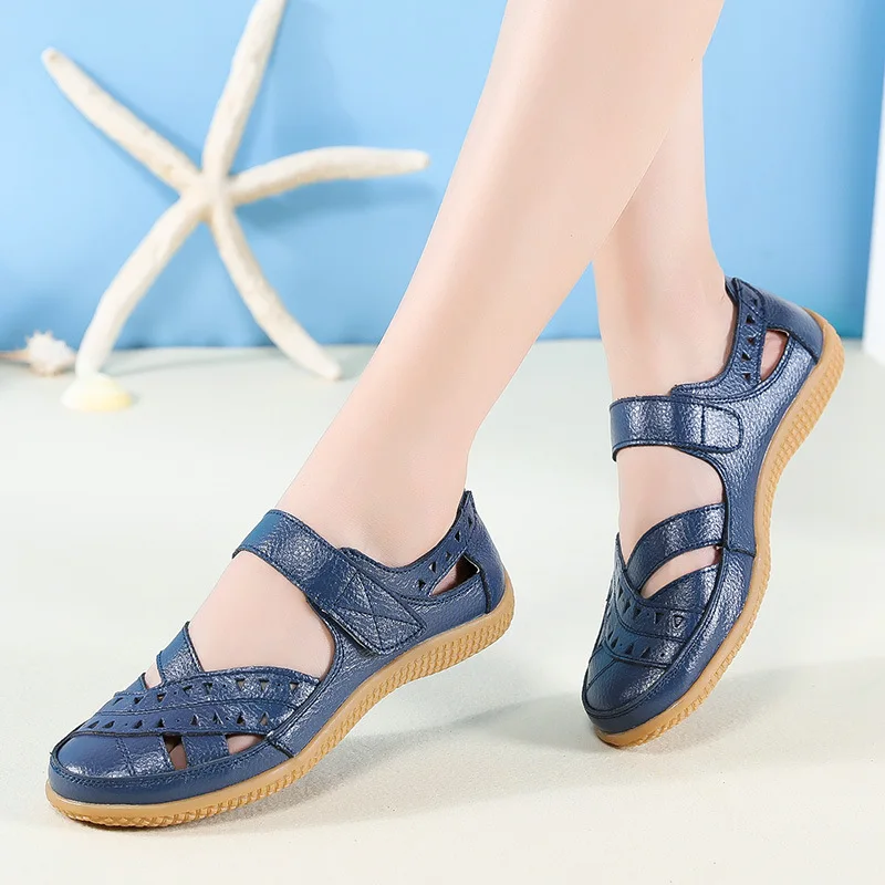 Women shoes women sandals WOIZGIC female women mother genuine leather hollow white shoes sandals flats loafers summer cool beach plus size 41 42