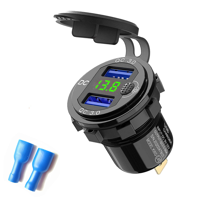 Charge 3.0 36W Car Dual USB Charger QC3.0 Waterproof with Voltmeter Switch for 12V/24V Motorcycle ATV Boat Marine RV