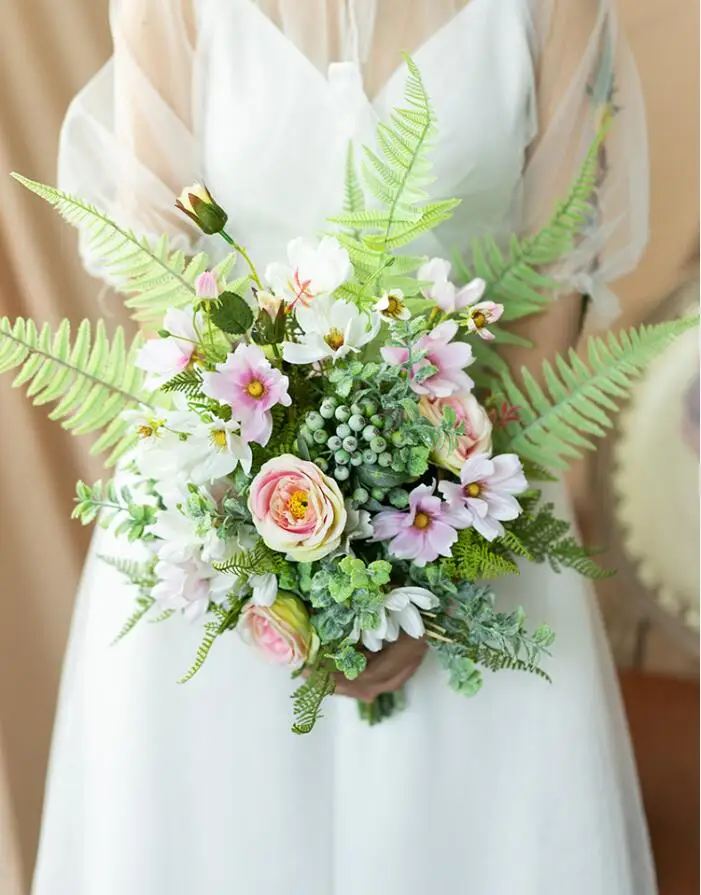 Wedding Bouquet JaneVini Круглый Свадебный венок Свадебные букеты розовые Искусственные цветы в корзинке невесты букет невесты шелковый цветочный букет молоток - Цвет: Wedding Bouquet