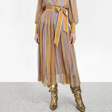 TVVOVVIN контрастная в полоску с завышенной талией с поясом, комбинированная плиссированная женская шифоновая юбка, повседневный для шутника, простая Мода, осенняя Новинка X232