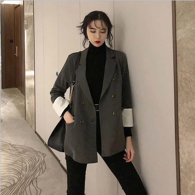 Vintage Loose Ladies Blazer Solid Gray Simple Casual Suit Jacket Blazer De Mujer Stylish Korean High Street Women Blazer MM60NXZ