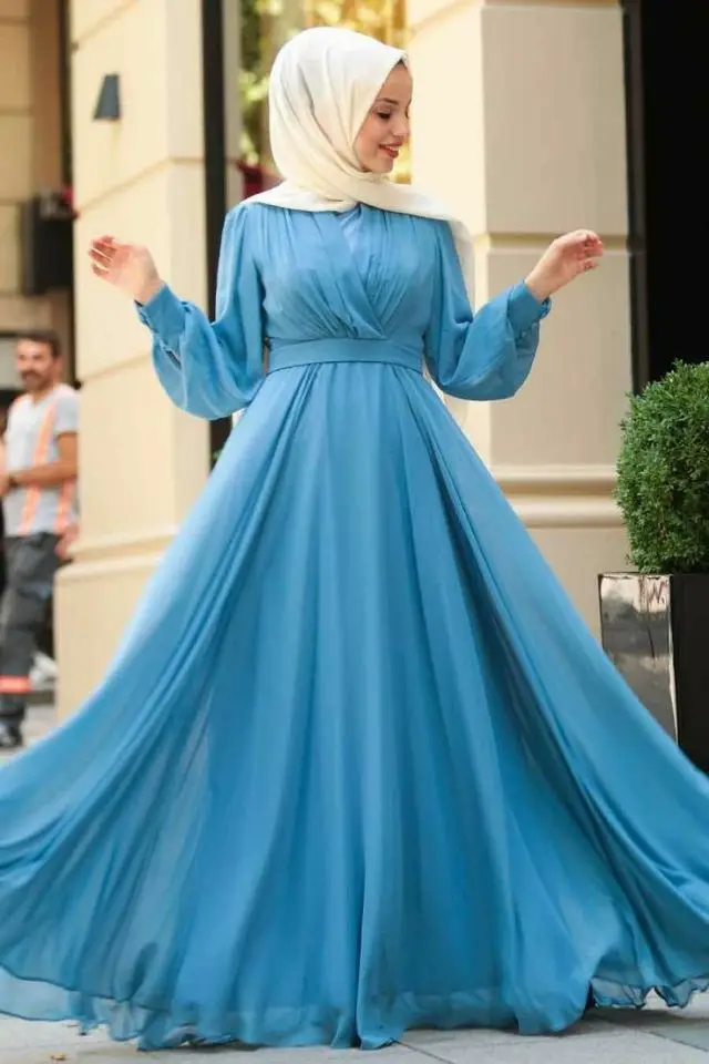 

Vintage Muslim Long Sleeve Blue Evening Dresses with Pockets Chiffon Floor Length Formal Party Dresses A-Line Skirt for Women