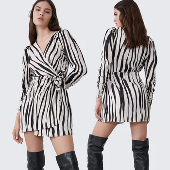 

ZA New Striped Print Dress Bohemia Fashion Waist Tie V-neck Long Sleeve Mini Ladies Banquet Dress Gift