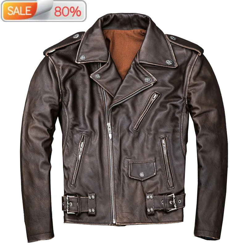

Real Cow Jacket Men Vintage Genuine Leather Jackets Spring Fall Motorcycle Cowhide Chaqueta Cuero Hombre B21915