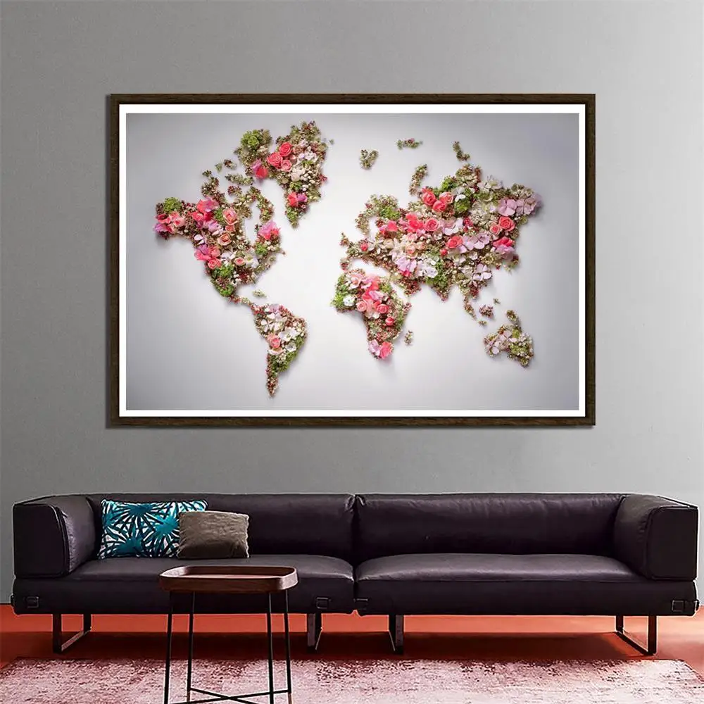 

150x100cm Non-woven DIY World Map Plate Pattern Made With Beautiful Flower For Wall Decor