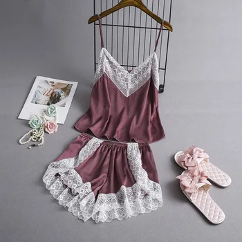 

Lace Patchwork 2PCS Pajamas Set Sleep Suit Women Strap Top&Shorts Pijamas Homewear Satin Silky Intimate Lingerie Nightwear