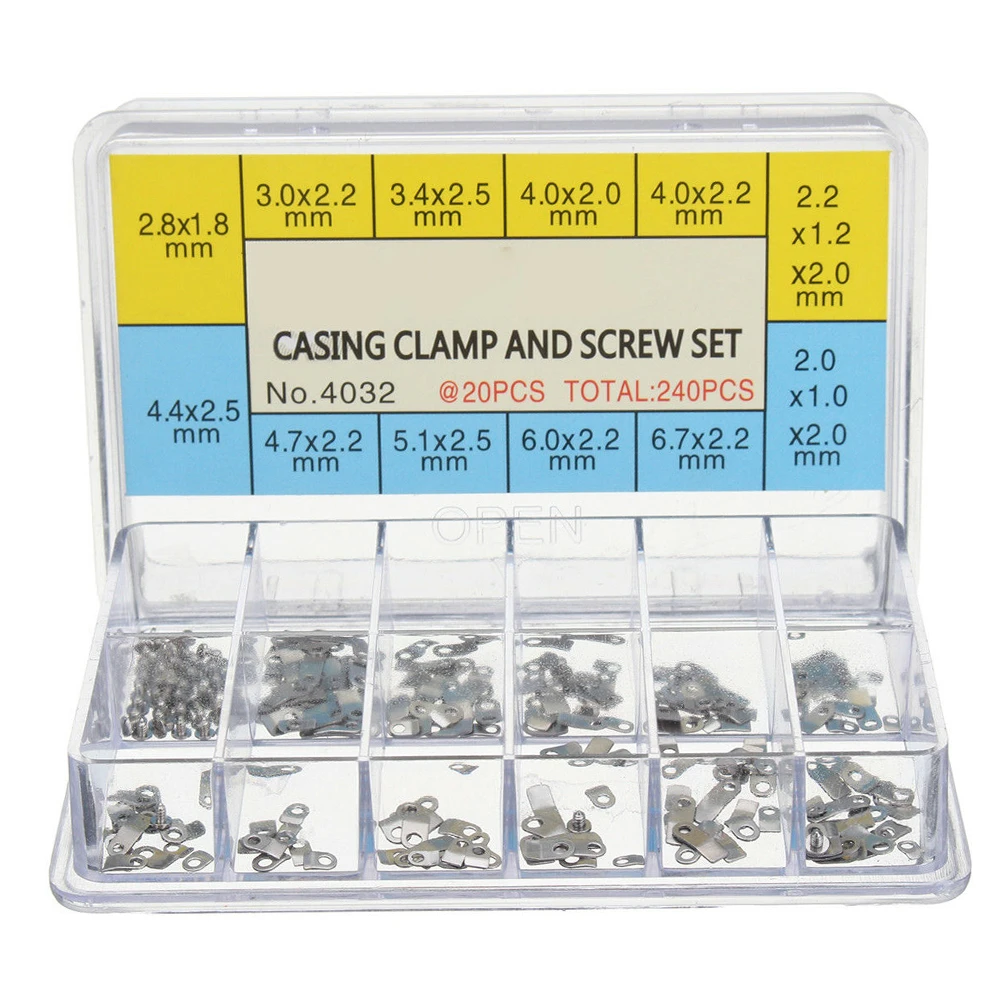 240Pcs Professional Watch Casing Clamp Movement Adapter Securing Screw Washer Repair Part Tools w/Box for ETA 2824 2836 2846 B4 240Pcs Professional Watch Casing Clamp Movement Adapter Securing Screw Washer Repair Part Tools w/Box for ETA 2824 2836 2846 B4