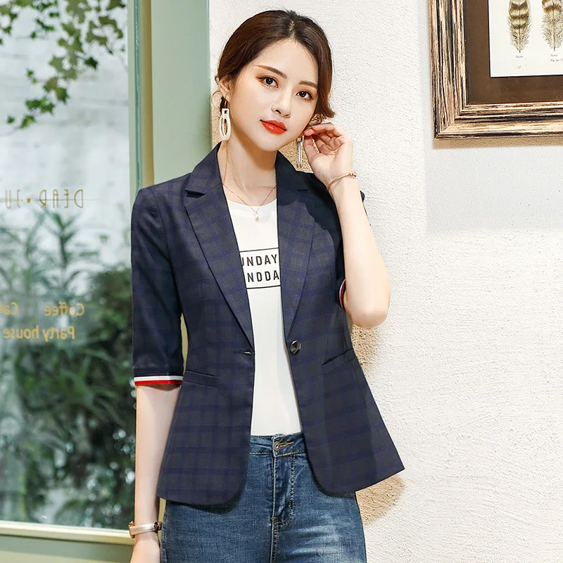 

South Korea Retro Plaid Small Suit WOMEN'S Coat Korean-style 2019 Summer New Style Casual Slim Fit Slimming Suit Half-sleeve Shi