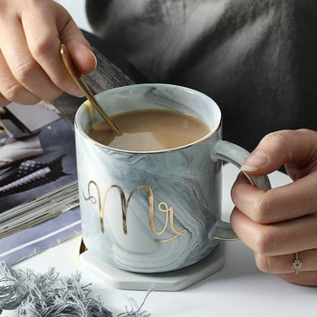 

European Gold stamping ceramic mark cup lovers cup breakfast coffee cup and milk tea cup Mr Ms letter Men women marble Mug