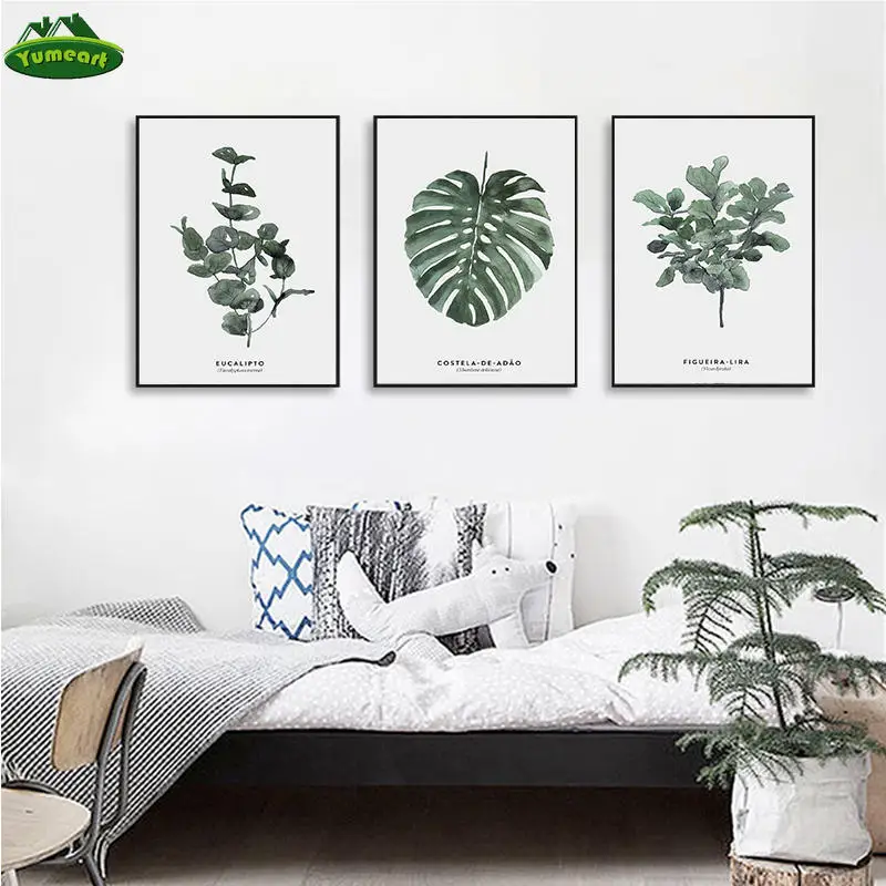 В скандинавском стиле акварельные растения зеленые листья плакат печать пейзаж стены Искусство Холст Живопись картина для гостиной домашний декор